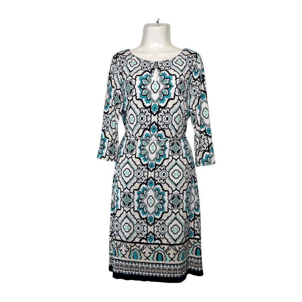 Liz Claiborne Women Large Shift Dress Teal Blue Medallion Keyhole Long Sleeve